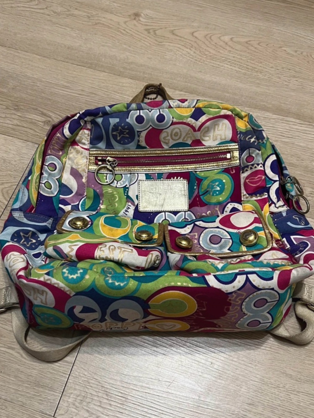 Coach Multicolor Circle Print Canvas Backpack with Gold-Tone Accents